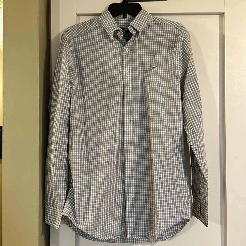 Gray and white checked Vineyard Vines Slim Fit Whale Shirt—M
